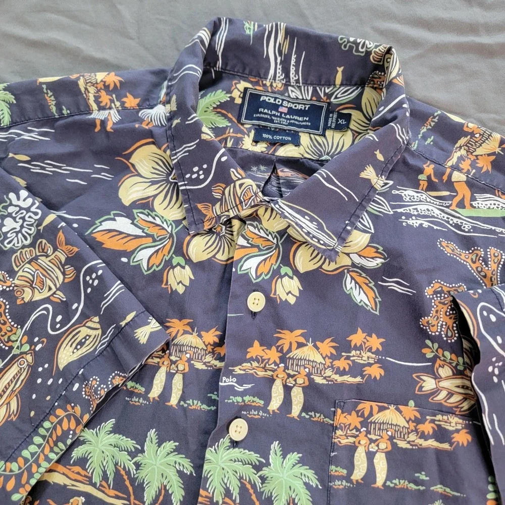 Ralph Lauren Polo Sport Hawaiian Shirt Men's XL Blue Aloha Hula Girl AOP SS